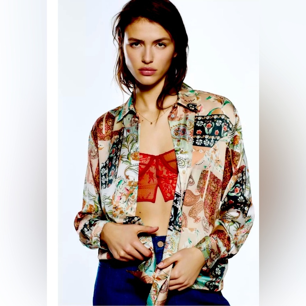 New Zara neutral satin effect paisley boho button down shirt S